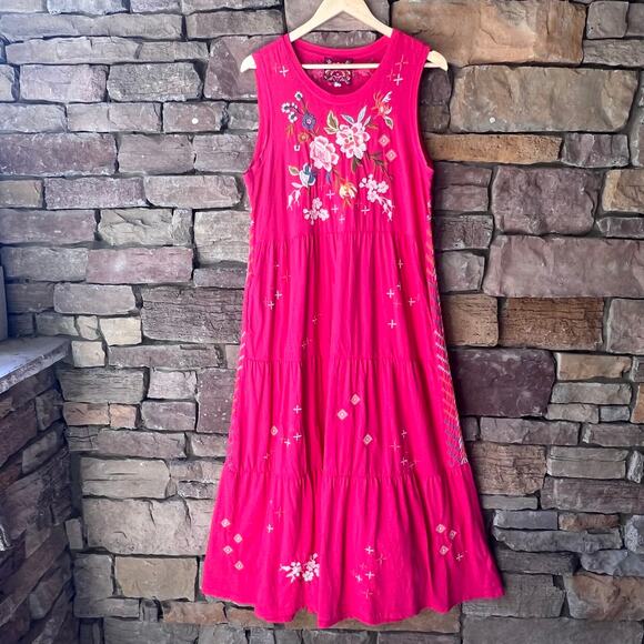 Johnny Was XL Ceretti Pink Tiered Embroidered Cotton Sleeveless Maxi Dress - Picture 1 of 14